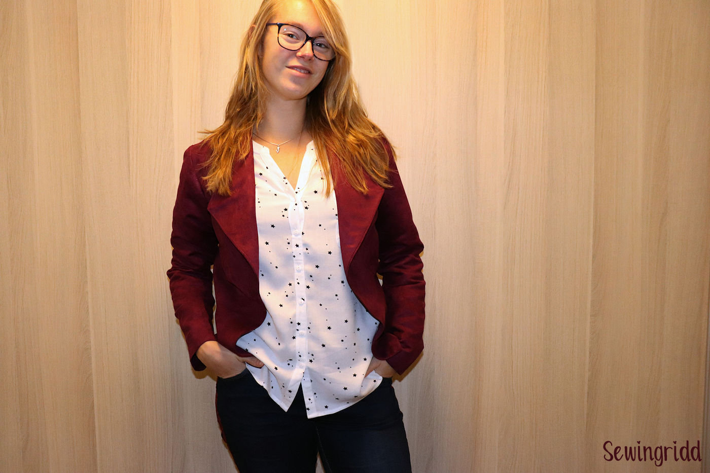 Purple suede jacket sewn by Sewingridd